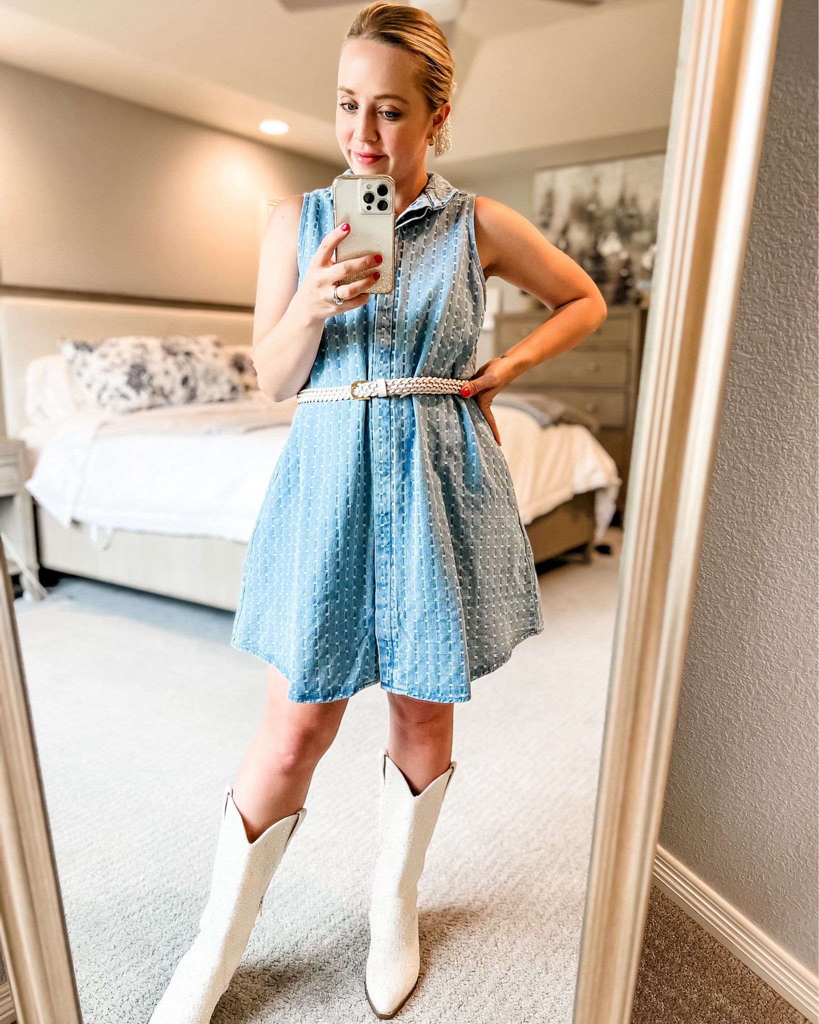 Summer country concert outfit. Parried a denim dress with pearl boots. Boots are comfy and would be fine standing at a concert, fit tts. Suggest a size down in the denim dress.
Country concert. Denim dress. Cowgirl boots. Summer concert outfit. 

#LTKVideo #LTKStyleTip