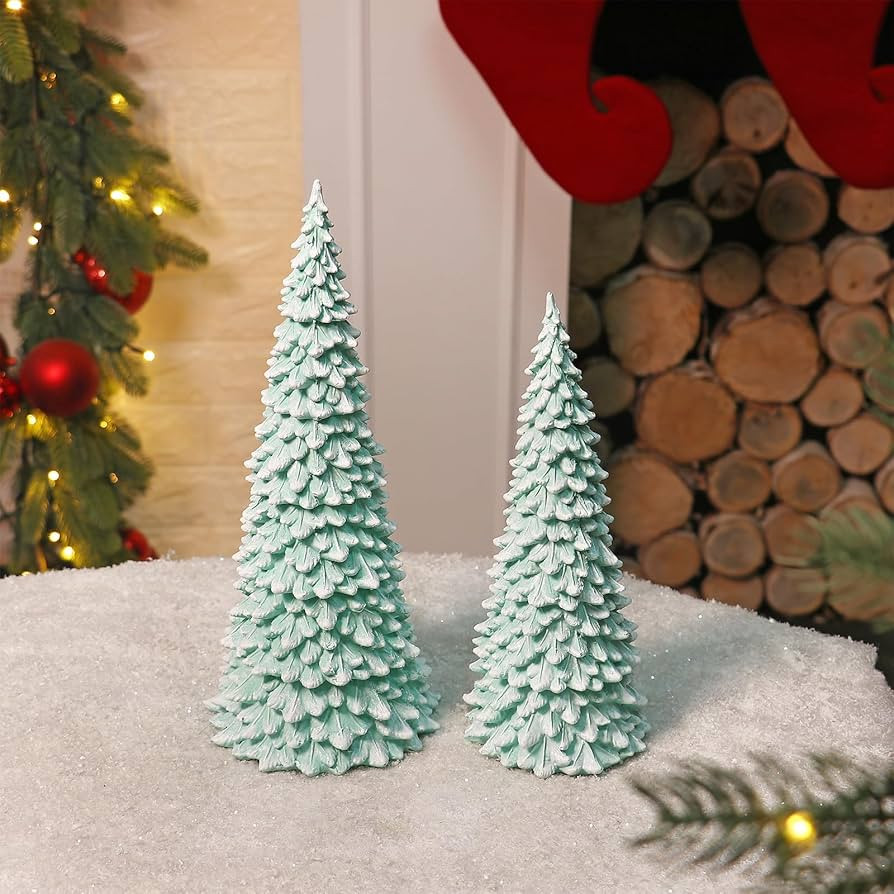 Christmas Snowy Tree Figurines Decorations Set of 2-12.5”&10.5” Tabletop Resin Christmas Tree... | Amazon (US)