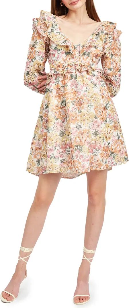 Floral Ruffle Long Sleeve Eyelet Minidress | Nordstrom