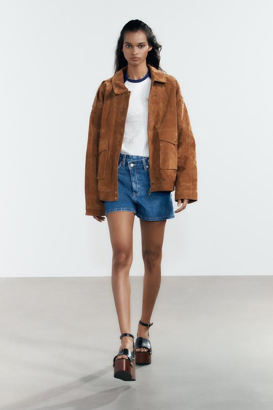 100% SUEDE LEATHER BOMBER JACKET WITH POCKETS | Zara UK