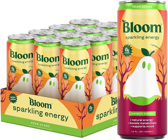 Bloom Nutrition Zero Sugar Energy Drink, Pear Scare, 12oz 12pk | Amazon (US)