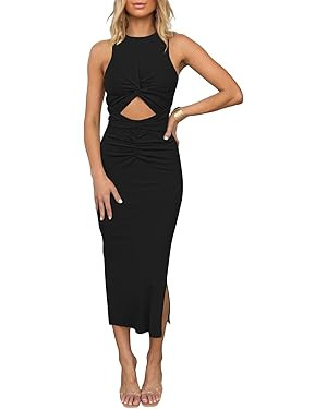 HUUSA Women's Sexy Sleeveless Cut Out Slim Bodycon Dress Crewneck Crisscross Twist Ruched Slit Ri... | Amazon (US)