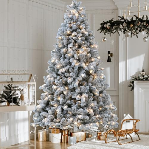 Edergoo Flocked Christmas Tree, Prelit Christmas Tree 9 ft, Christmas Tree Prelit with 10 Function Warm & Colorful Lights, Easy Assembly Artificial Christmas Tree with Lights & Realistic Branch Tips | Amazon (US)