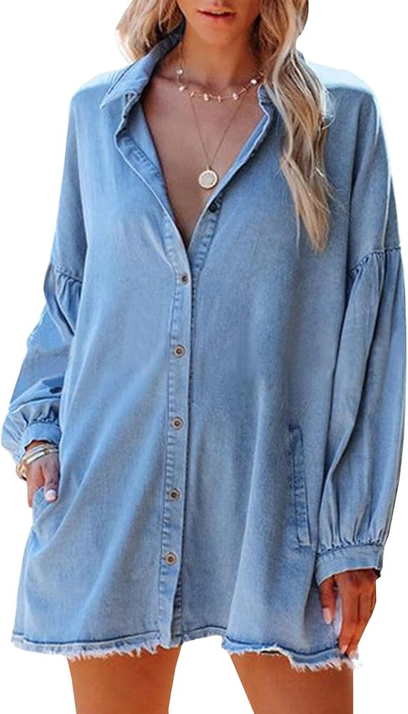 Sexyshine Women's Puff Long Sleeve Denim Mini Dress Lapel Button Down Fringed Hem Loose Ruffle Tu... | Amazon (US)