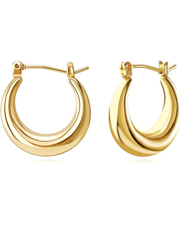 FAMARINE 14K Gold Plated Chunky Small Hoop Earrings, Dainty Minimalist Open Hoops Earrings For Wo... | Amazon (US)