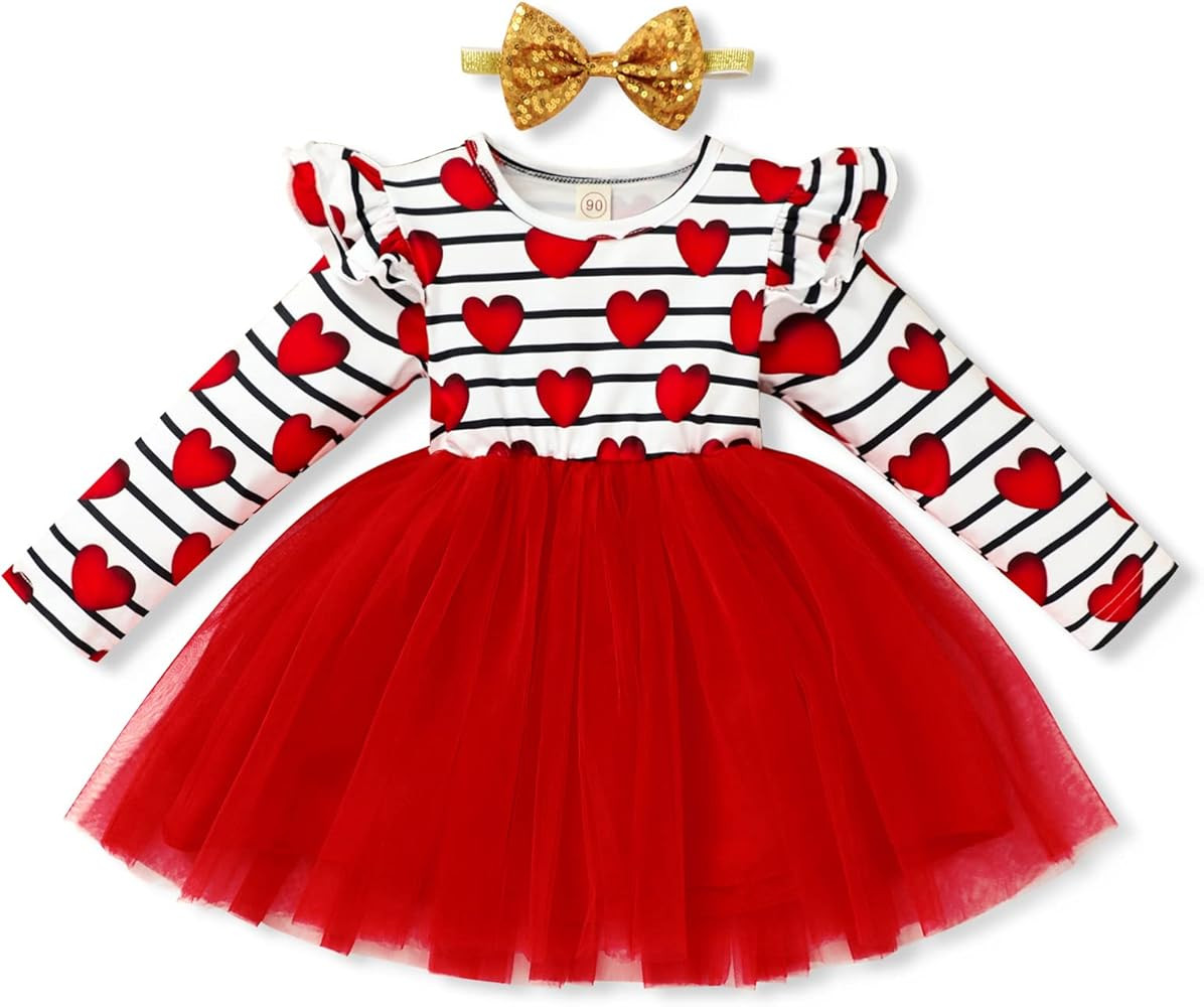 Sinhoon Baby Girls Valentine's Day Outfits Long Sleeve Stripe Heart Print Tutu Skirts Ruffle Dres... | Amazon (US)