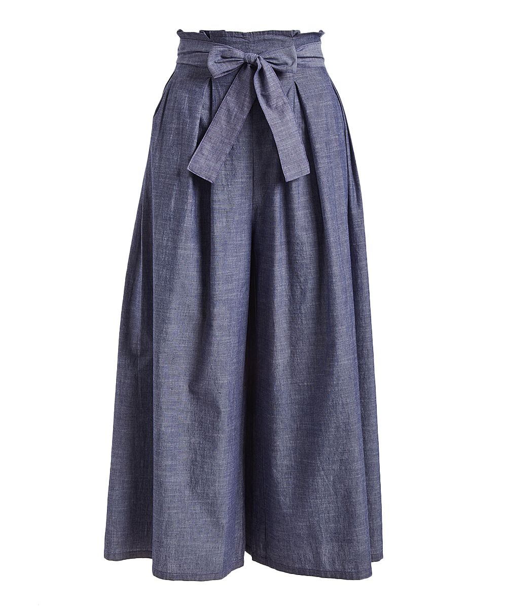 I am sunshine Women's Casual Pants Navy/Grey - Blue-Gray Chambray Paper-Bag Waist Gaucho Pants - Wom | Zulily