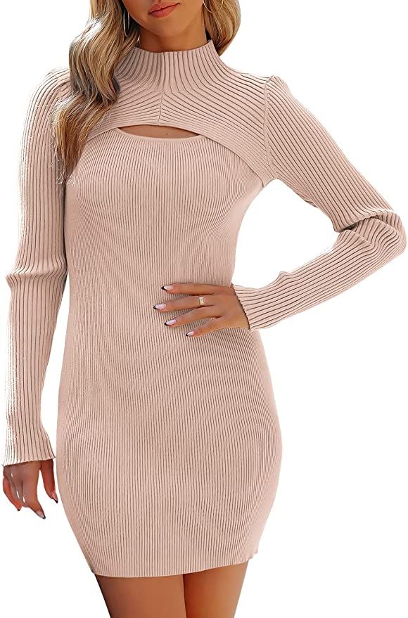 ANRABESS Women's Long Sleeve Mock Neck Cutout Chest Ribbed Knit Bodycon Mini Sweater Dress | Amazon (US)