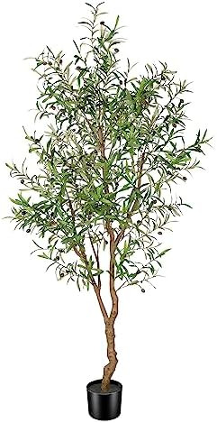 FEELEAD 7ft Faux Olive Tree - Fake Potted Olive Silk Tree with Planter Natural Olive Branches and... | Amazon (US)