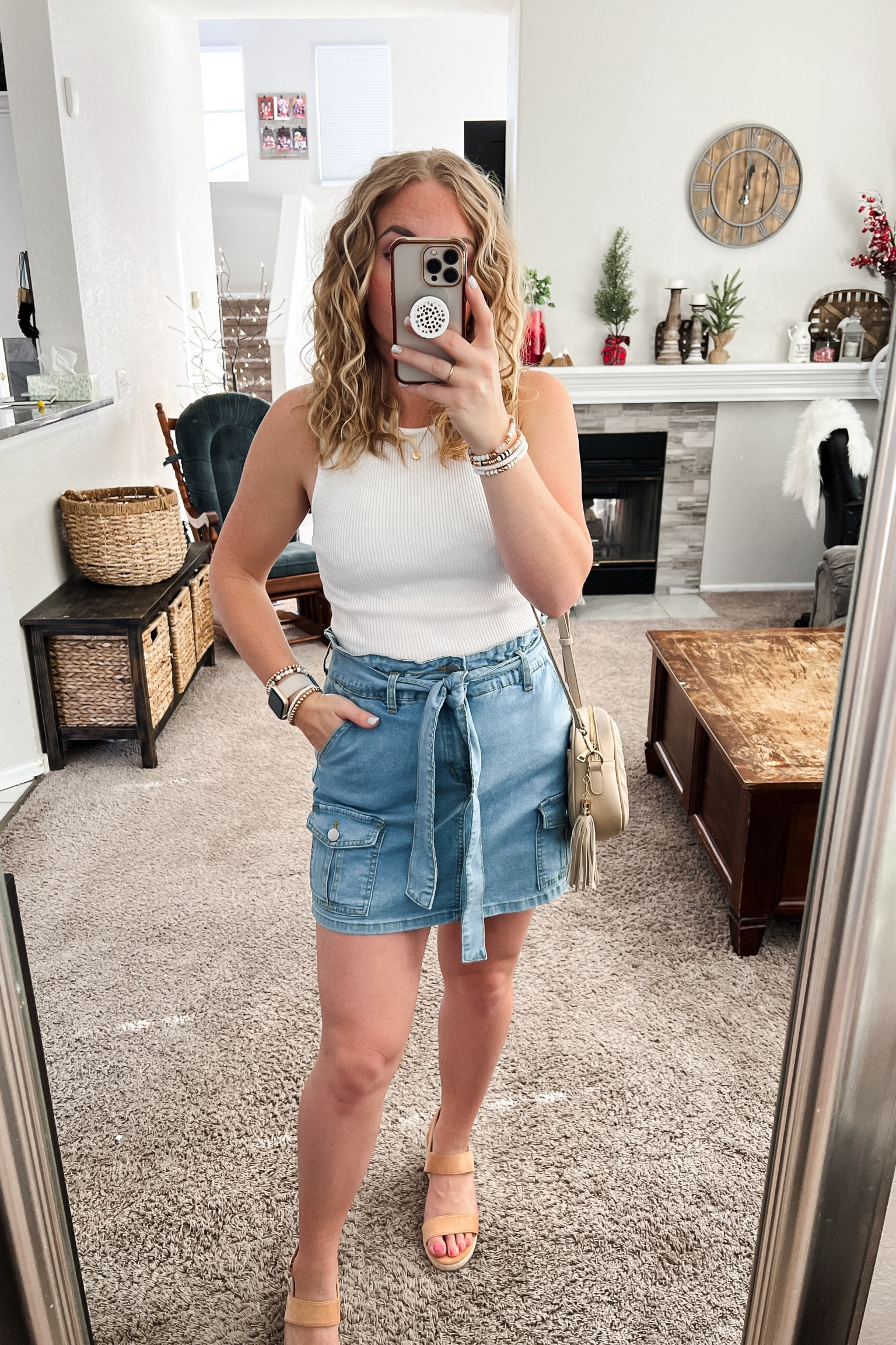 Spring outfit ideas with a denim skirt, white tank top, wedge sandals and crossbody bag. 
//Amazon outfit ideas, casual outfit ideas, casual fashion, amazon fashion, found it on amazon, amazon casual outfit, cute casual outfit, outfit inspo, outfits amazon, outfit ideas, Womens shoes, amazon shoes, Amazon bag, purse, size 4-6, winter outfit Amazon, early spring outfits #lktshoecrush #ltksalealert #ltkworkwear 

#LTKfindsunder50 #LTKitbag #LTKstyletip