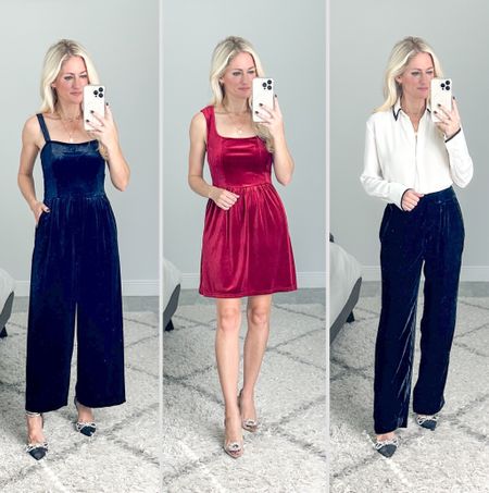 Old Navy holiday looks! Velvet jumpsuit and dress come in each color (red and black) velvet trousers run big, consider sizing down. 

#LTKfindsunder50 #LTKHoliday #LTKstyletip