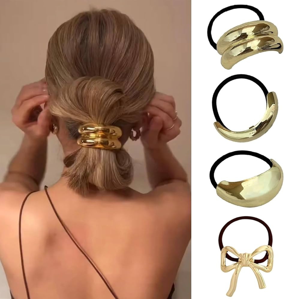 4PCS Metal Hair Ties,Metal Geometric Elastic Hair Ties,Ponytail Hair Cuff,Gold Hair Ties,Gold Hai... | Amazon (US)