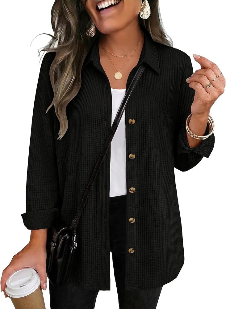 Zeagoo Womens Waffle Knit Shacket Button Down Long Sleeve Tops with Pocket | Amazon (US)
