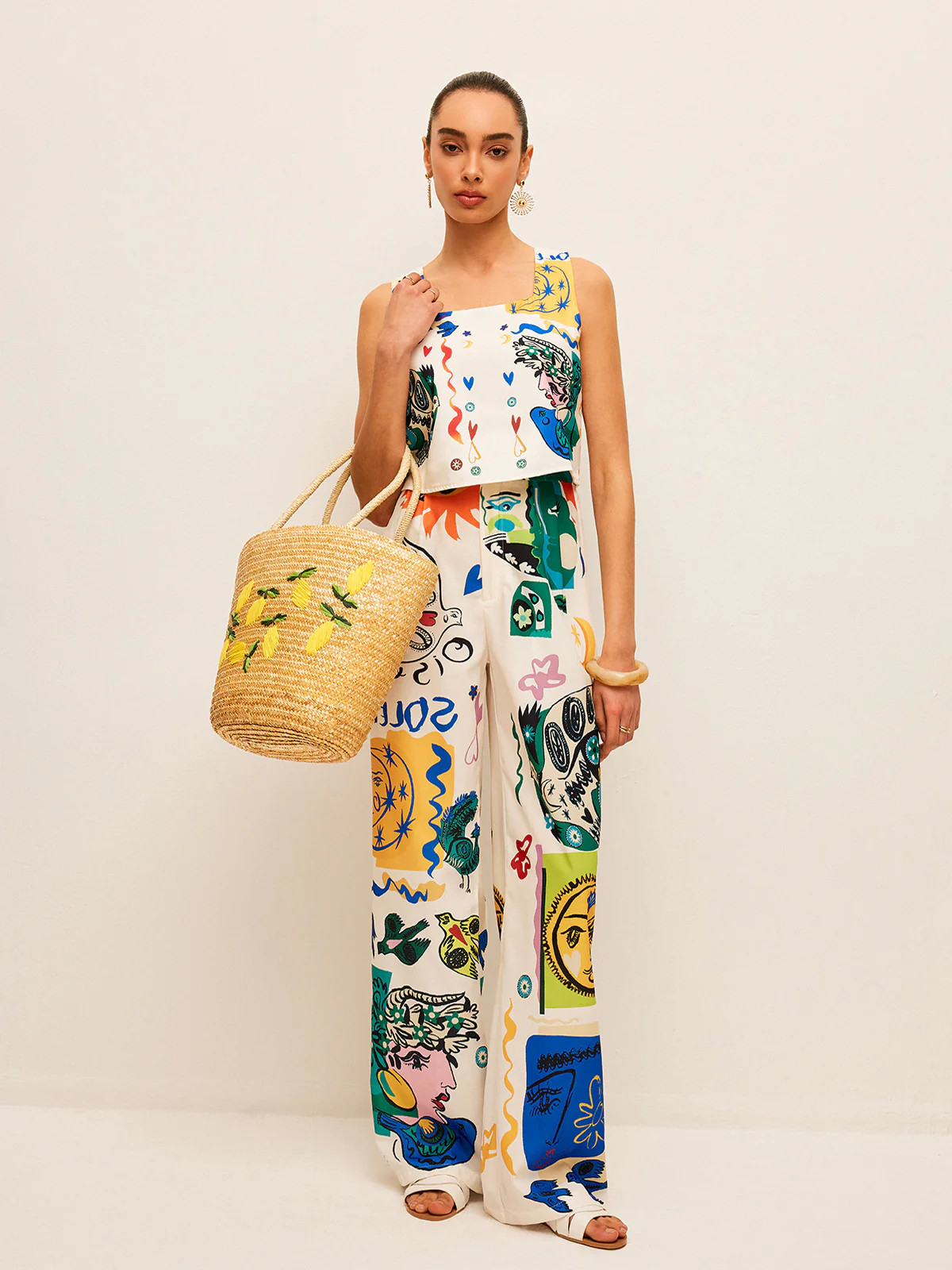 Graphic Print Crop Top With Wide-Leg Pants Set | Commense