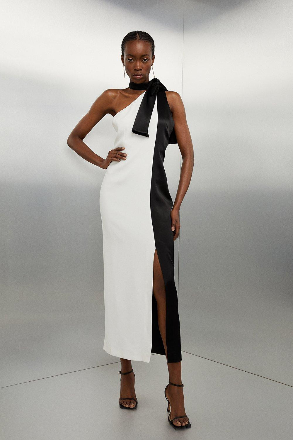 Tailored Satin Back Crepe Tie Neck Contrast Panel Maxi Dress | Karen Millen UK + IE + DE + NL