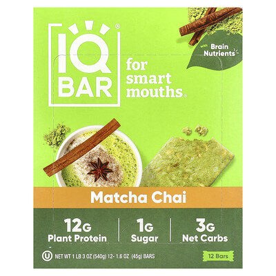 IQBAR, Plant Protein Bar, Matcha Chai, 12 Bars, 1.6 oz (45 g) Each | iHerb