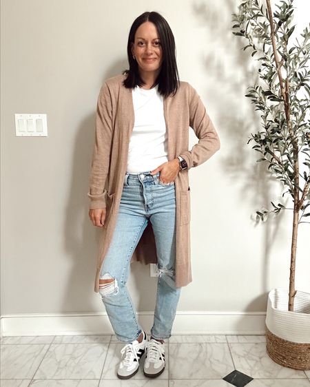 Amazon duster cardigan - runs true to size.  Amazon straight leg jeans and white tee with Adidas sambas for an easy fall outfit.



#LTKover40 #LTKfindsunder50 #LTKstyletip