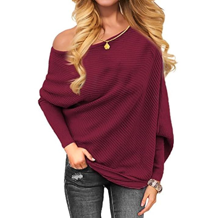 VOIANLIMO Women's Off Shoulder Knit Jumper Long Sleeve Pullover Baggy Solid Sweater | Amazon (US)