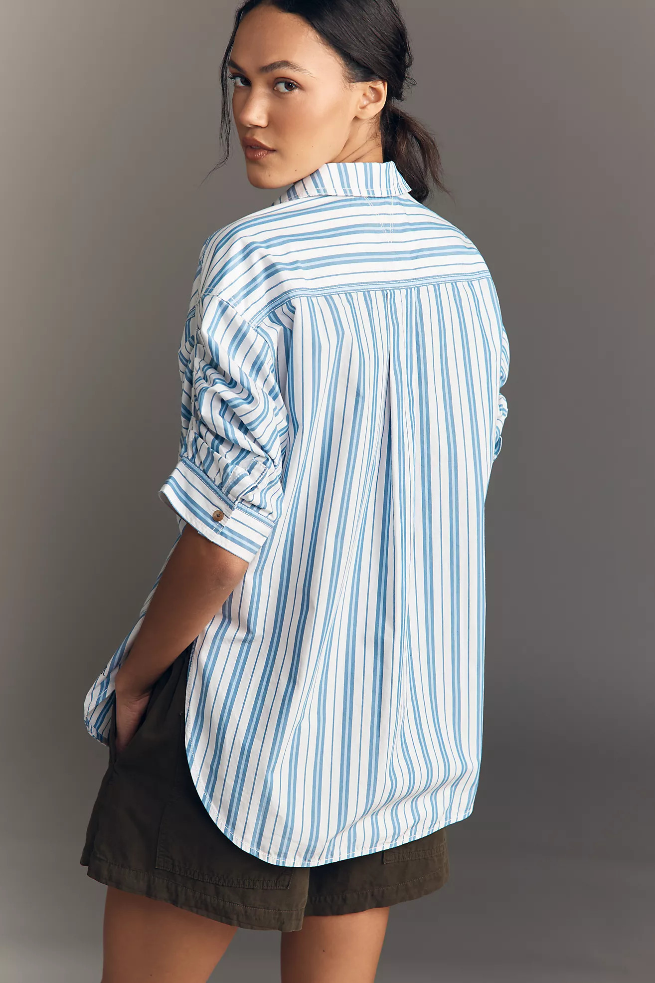 Pilcro Ruched Sleeve Buttondown Shirt | Anthropologie (US)