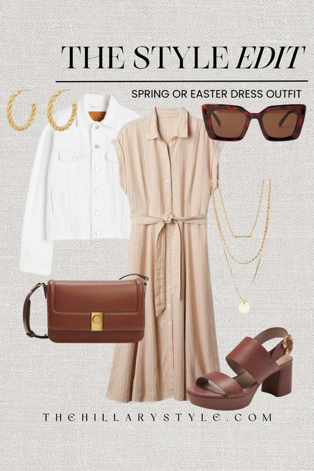 The Style Edit: Casual Spring Dress Outfit. Casual and neutral dress outfit for spring perfect for Easter, brunch, shopping, baby showers, etc. Linen shirt dress, white denim jacket, platform heeled sandals, brown handbag, oversized sunglasses, gold hoop earrings, gold layered necklace set. Spring dress, spring dress outfit, Easter dress, casual outfit, OOTD. Nordstrom, Gap, H&M, Mango.

#LTKstyletip #LTKover40 #LTKSeasonal