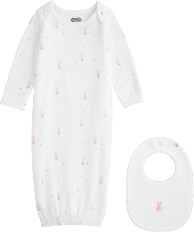 Mud Pie Baby Girl Pink Bunny Gown with Coordinating Bib | Amazon (US)