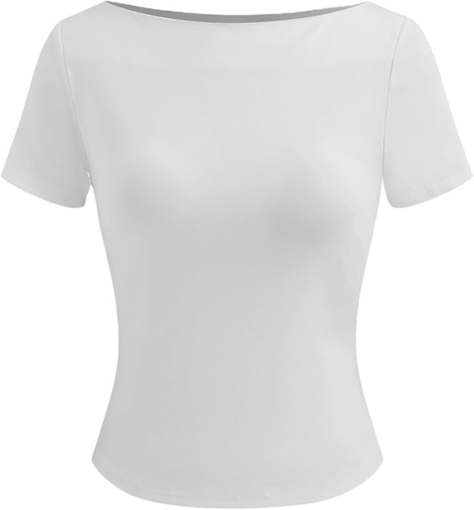 CIDER Womens Fitted Tshirt Short Sleeve Basic Crop Shirt Boat Neck Tight Tops | Amazon (US)
