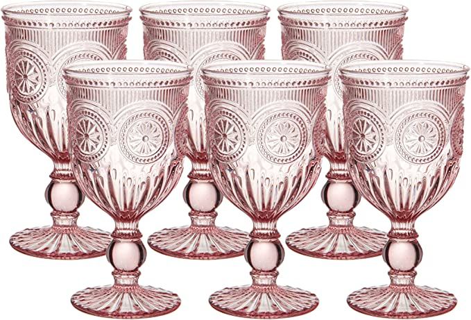 Kingrol 6 Pack Vintage Water Goblets, 10 oz Wine Glasses, Mixed Drink Glasses, Romantic Pink Drin... | Amazon (US)