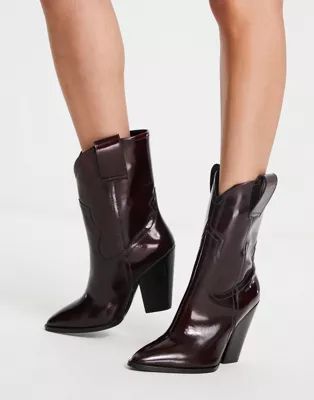 ASOS DESIGN Ranch leather mid-calf heeled western boots in burgundy | ASOS (Global)