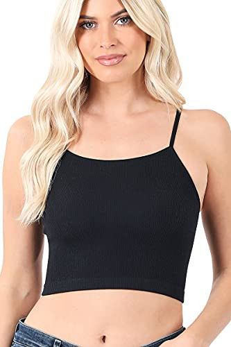 Zenana Ribbed Knit Seamless Spaghetti Strap Cropped Cami & Halter Neck Crop Tank Top (Strap Black/SM) | Amazon (US)