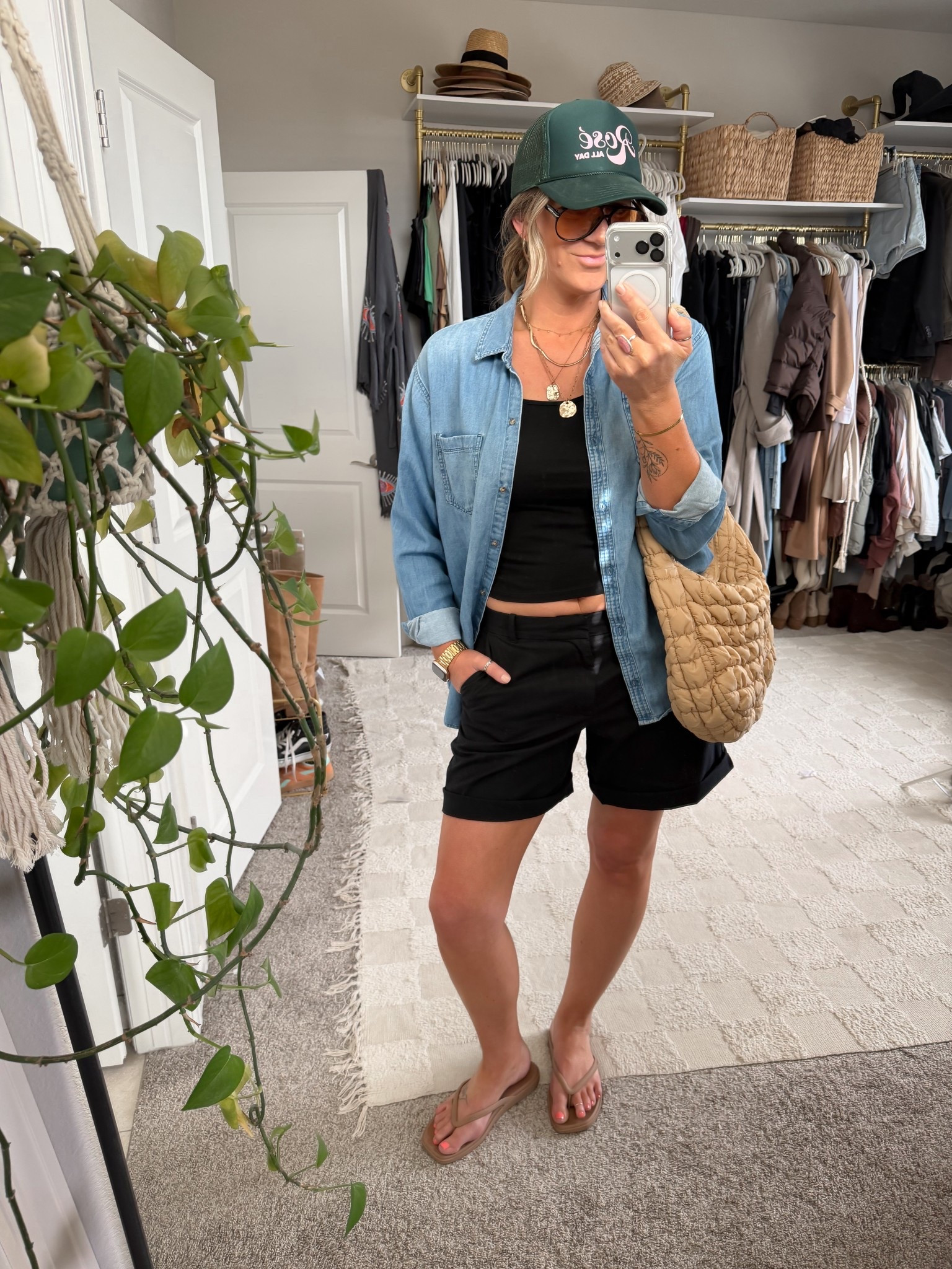 Large tall denim shirt, large tank, 30 shorts, 11 flip flops   

#LTKOver40 #LTKTall