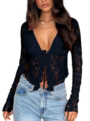 AGECODE Women's Sexy Open Front Tie Long Sleeve Ruffle Trim Sheer Mesh Lace Crop Tops Blouses Black X-Large | Amazon (US)