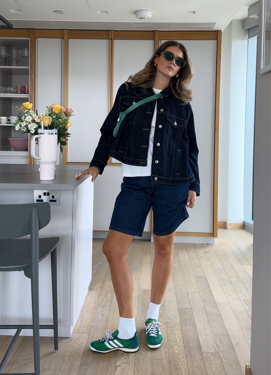 double denim indigo summer coffee date outfit inspo jorts oversized denim jacket M&S next Uniqlo white tee green bag juicy couture green adidas originals sl72 green sunglasses mango asos Abercrombie Zara denim shorts 

#LTKuk #LTKstyletip #LTKsummer