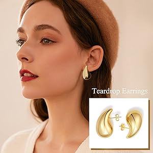 Chunky Gold Hoop Earrings for Women, Lightweight Teardrop Hoops Earrings with 18K Real Gold Plate... | Amazon (US)