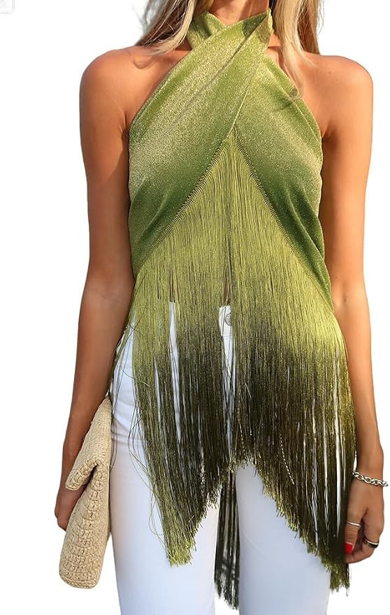 Long Tank Tops for Women with Fringe Halter Top Strap Wrap Outfits | Amazon (US)