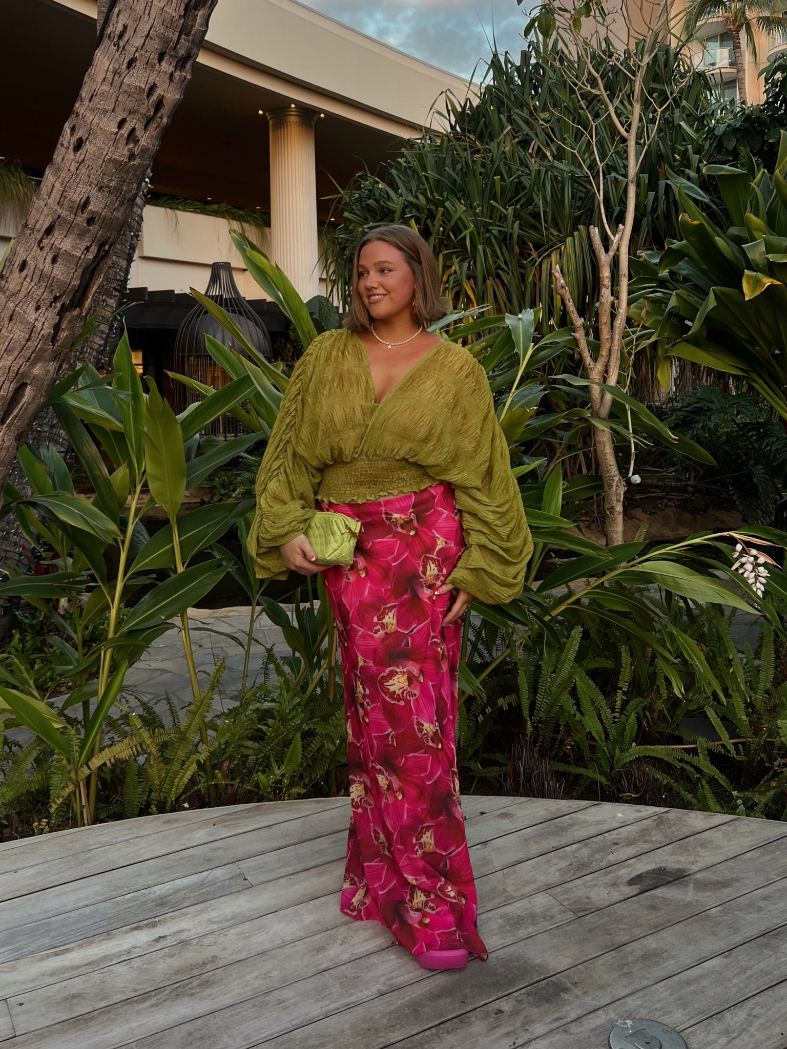 Maui outfit: Skirt size 10 I did take it in a little so I feel like an 8 would work for the low rise fit. It’s semi sheer I wore nude underwear! Gorgeous flow and long length I’m 5’ 5”. Top is AMAZON it’s one size but has amazing stretch and sheer fabric it’s soo fun. Linked th bralette I wore under it size L tts. Bag and shoes Amazon true to size  