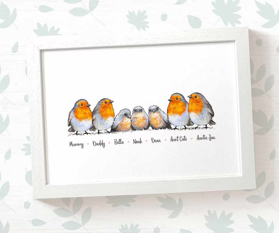 Robin family portrait print with any names, mothers day gift for mum, personalised birthday prese... | Etsy (US)