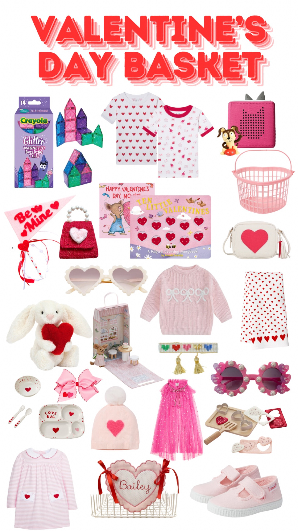 Valentine’s Day basket. Magnatiles. Toys. Pajamas. Books. Purse. Hearts. Sunglasses. Sweater. Bracelet. Now. Dress. Shoes. Gifts. Toddler. Girls  

#LTKGiftGuide #LTKKids #LTKFamily