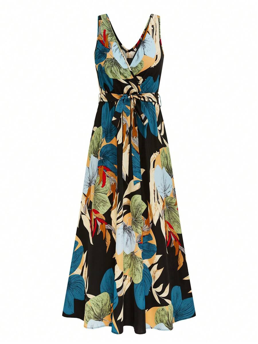 SHEIN LUNE Plus Size Casual Resort V-Neck Sleeveless Belted A-Line Dress For Women | SHEIN