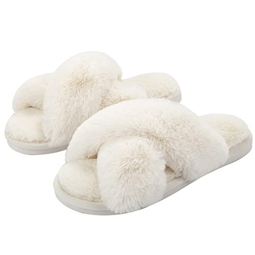 Metog Women's Fuzzy Cross Band Indoor Outdoor Soft Plush Open Toe Slippers, Beige, 11-12 Women | Amazon (US)