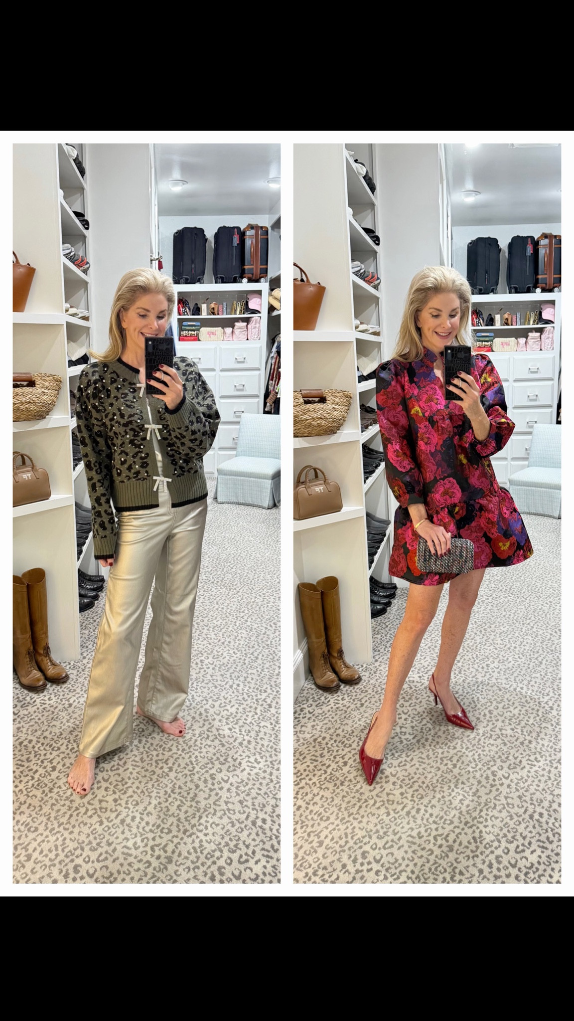 Help me decide what to wear to a holiday luncheon. Wearing size S in both outfits. Jeans and shoes fit TTS. 

#LTKFindsUnder100 #LTKHoliday #LTKStyleTip