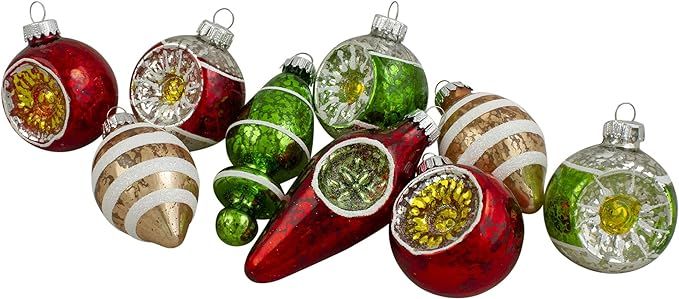 9ct Silver and Red Retro Reflector Glittered 2-Finish Glass Christmas Ornaments 3.5" | Amazon (US)