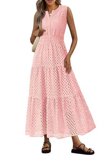 PRETTYGARDEN Womens 2026 Summer Maxi Dresses Sleeveless Sundresses V Neck Eyelet A Line Long Flowy Spring Wedding Guest Dress (Pink,Medium) | Amazon (US)