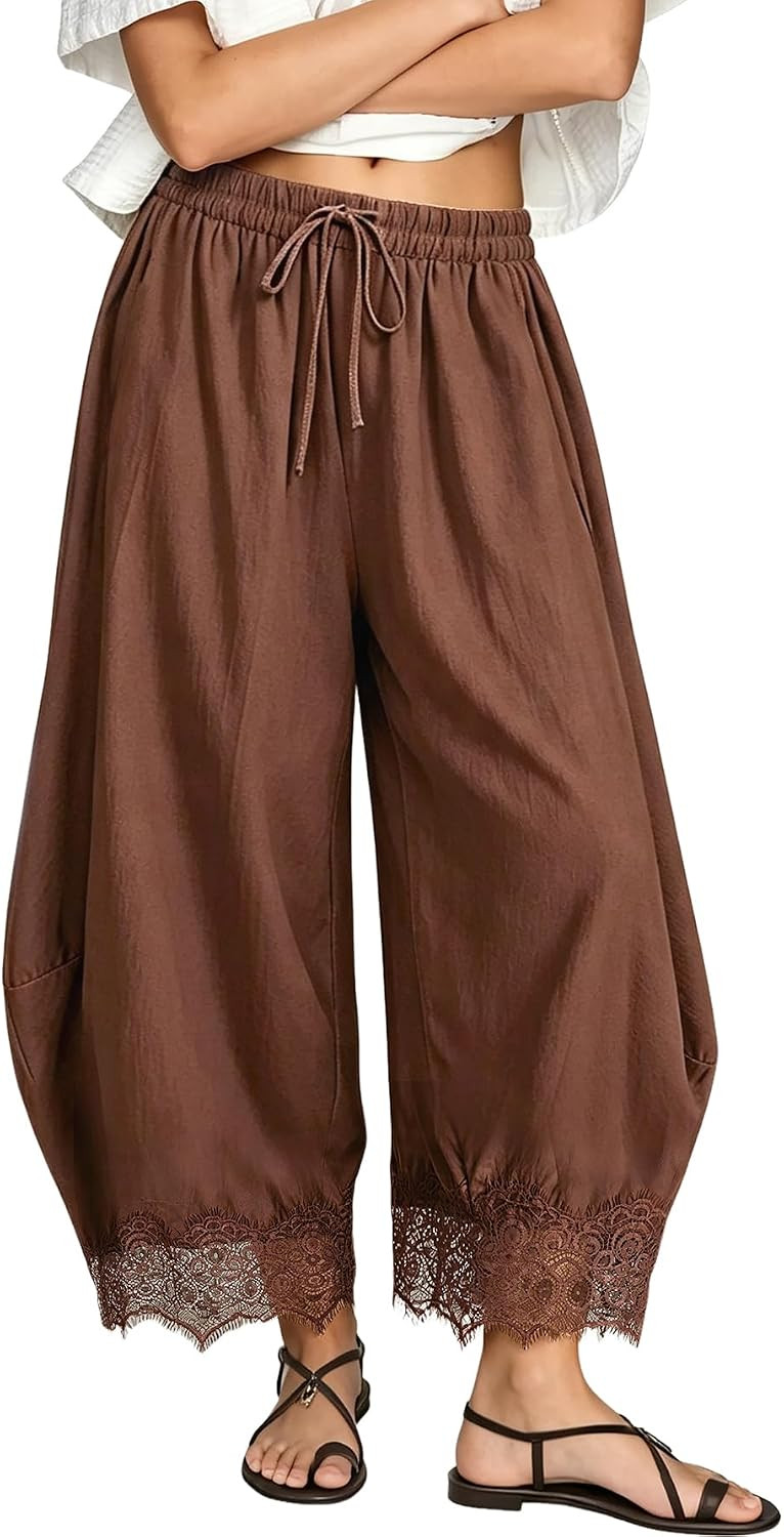 Women's Cropped Wide Leg Palazzo Pants Lace Trim Trousers with Pockets | Amazon (US)