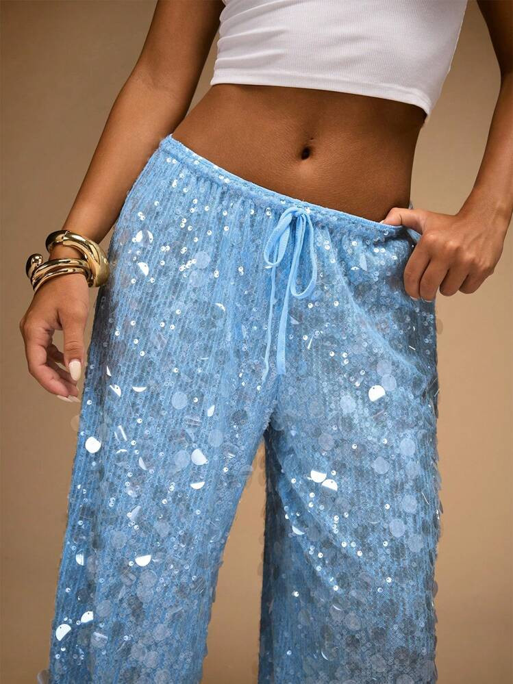 SHEIN BAE Women's Low Waist Sequined Wide Leg Pants, Suitable For Beach Vacation, Summer | SHEIN