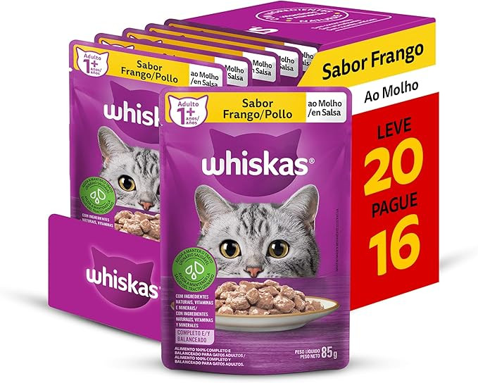 Pack Ração Úmida Whiskas Sachê Frango ao Molho para Gatos Adultos - Leve 20 Pague 16 | Amazon (BR)