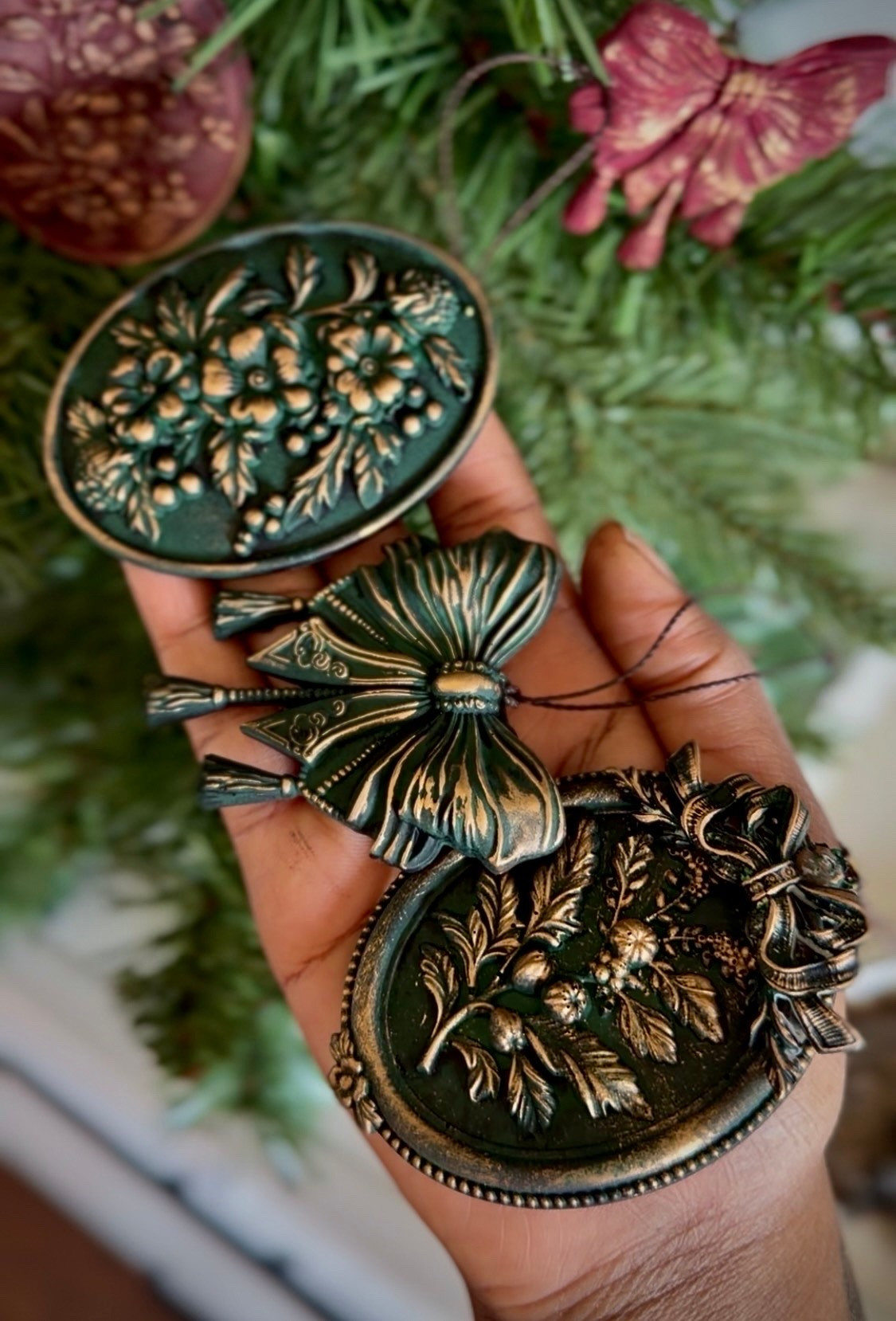 The most darling Christmas ornaments for your Teresa. These are in a hunter green shade with antique gold details. They’re so delicate, elegant and handmade. Bring old world charm to your tree this season. 🌲

#LTKHome #LTKSeasonal #LTKOver40