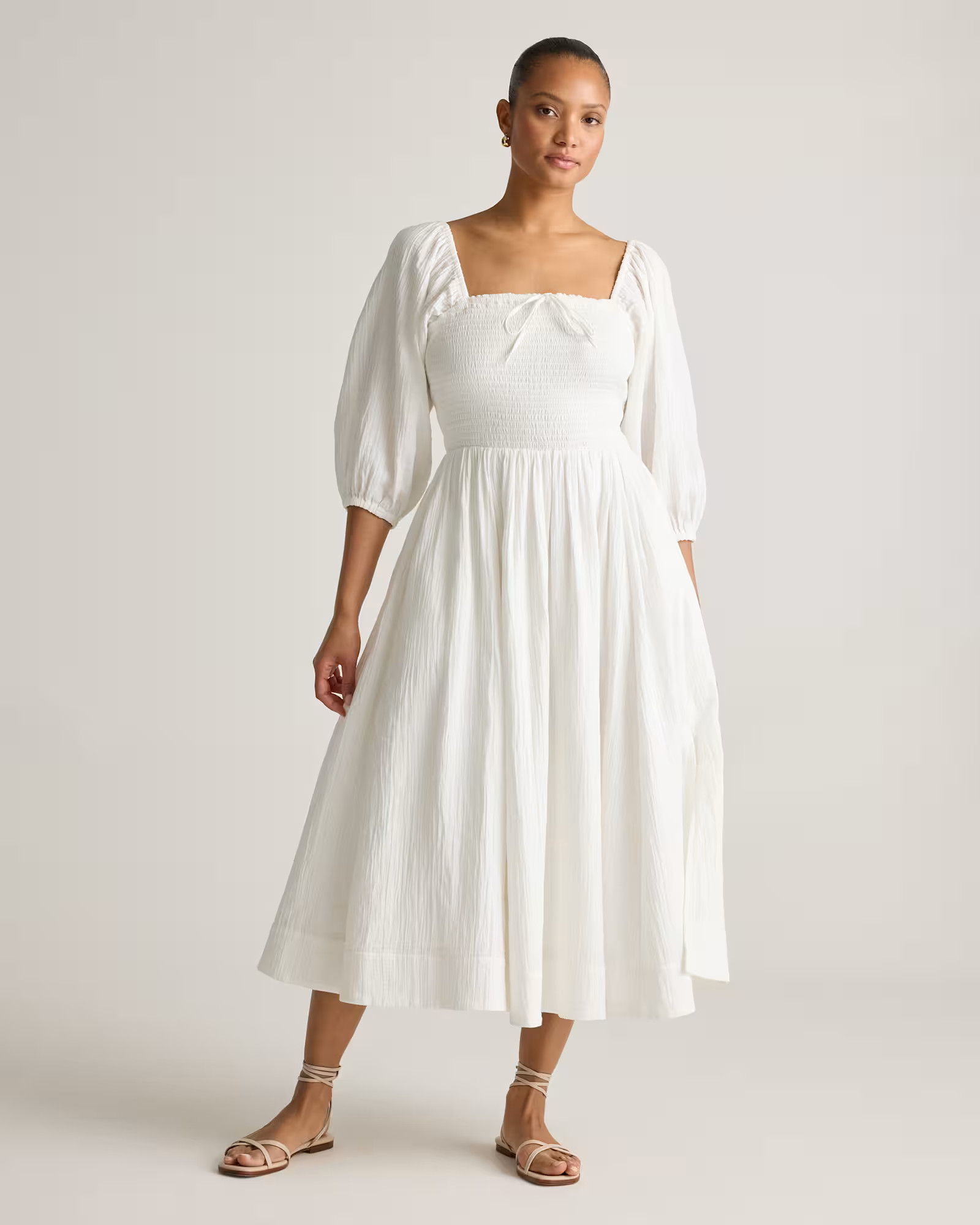 White 100% Organic Cotton Gauze Smocked Square Neck Midi Dress | Quince