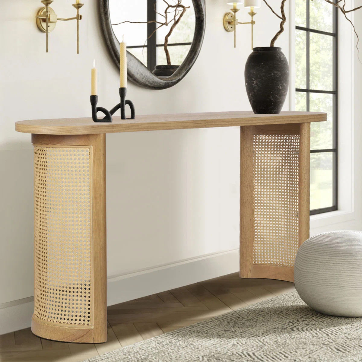 Ankit 60" Solid White Oak  Rattan Console Table | Wayfair North America