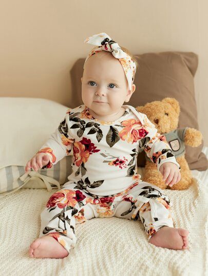 Baby Floral Print Jumpsuit & Headband | SHEIN