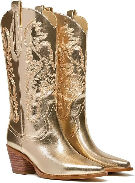 Metallic Cowboy Boots for Women Sparkly Embroidery Wide Calf Cowgirl Boots Mide Calf Western Fashion Chunky Heel Pull on Pointy Toe Shiny Classic Party Retro Boots | Amazon (US)